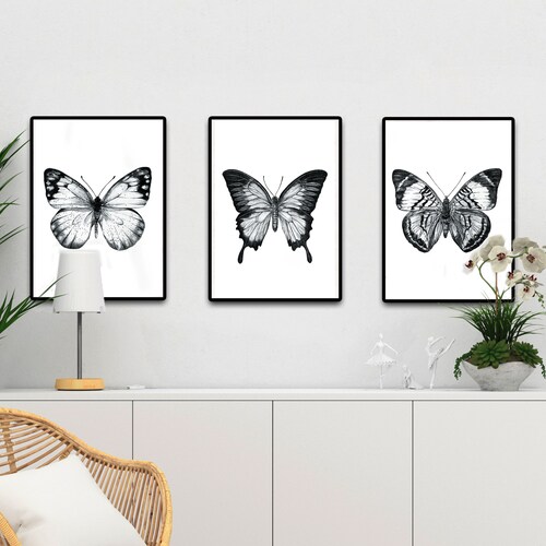 Butterfly Printable Set of 3 Monochrome Butterfly Art Print - Etsy