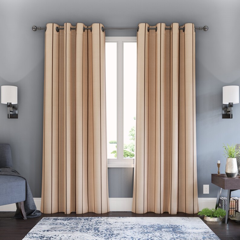 Drapes Taupe Linen Blend Fabric With Brown Striped Drapery Etsy