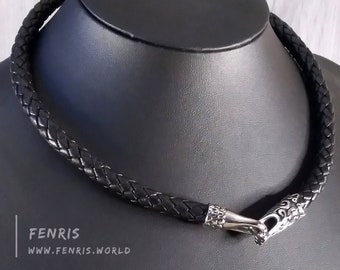 Dragon Choker Necklace Silver Black Leather