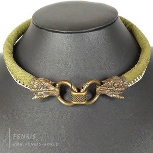 Collar de gargantilla de dragón de bronce escala verde cuero