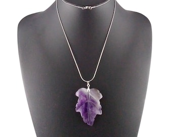 Amethyst Leaf Pendant Necklace Silver Womens Nature Gift