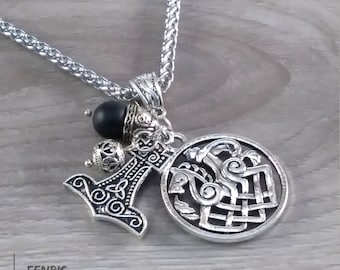 Thor's Hammer Necklace Silver Sleipnir Black Obsidian Bead Norse Viking Style