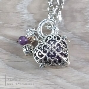 Silver Heart Necklace Purple Amethyst Sphere Medieval Bee Long