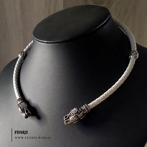 Wedding Torc Necklace Silver Wolf White Leather Winter Viking Celtic Fantasy LARP Women&#39;s Men&#39;s