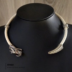Wedding Torc Necklace Silver Dragon Tail Chaser White Leather Winter Viking Celtic Fantasy LARP Women&#39;s Men&#39;s