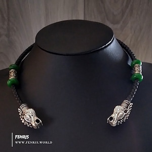 Stag Torc Necklace Silver Green Jade Black Leather Celtic Norse Viking Style Choker