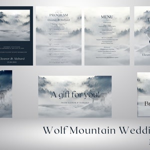Winter Mountain Wolf Wedding Invitation Set Printables, Custom Lettered, Program, RSVP, Table Cards, Place Cards, Ski, Lodge, Nature