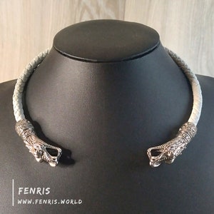Wedding Torc Necklace Silver Dragons White Leather Winter Viking Celtic Fantasy LARP Womens Mens