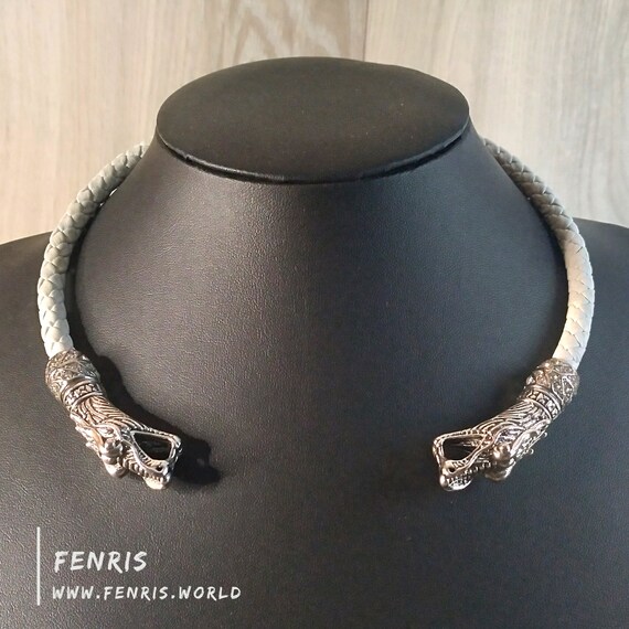 Wedding Torc Necklace Silver Dragons White Leather Winter Viking