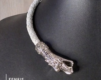 Wedding Torc Necklace Silver Dragons White Leather Winter Viking Celtic  Fantasy LARP Womens Mens