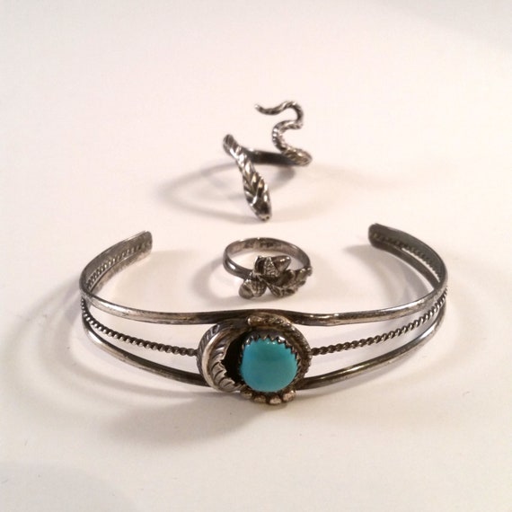 Vintage Turquoise Silver Bracelet & 2 Rings Native Boho Black Hills Silver Snake 1980's Feather Retro