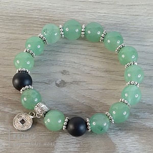 Jade Green Aventurine Bracelet Chinoiserie Painted Beads Silver Coin Stretch Accent Stack