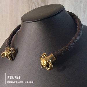 Torc Necklace Gold Horned Skull Brown Leather Norse Viking Celtic Biker Style Choker LARP