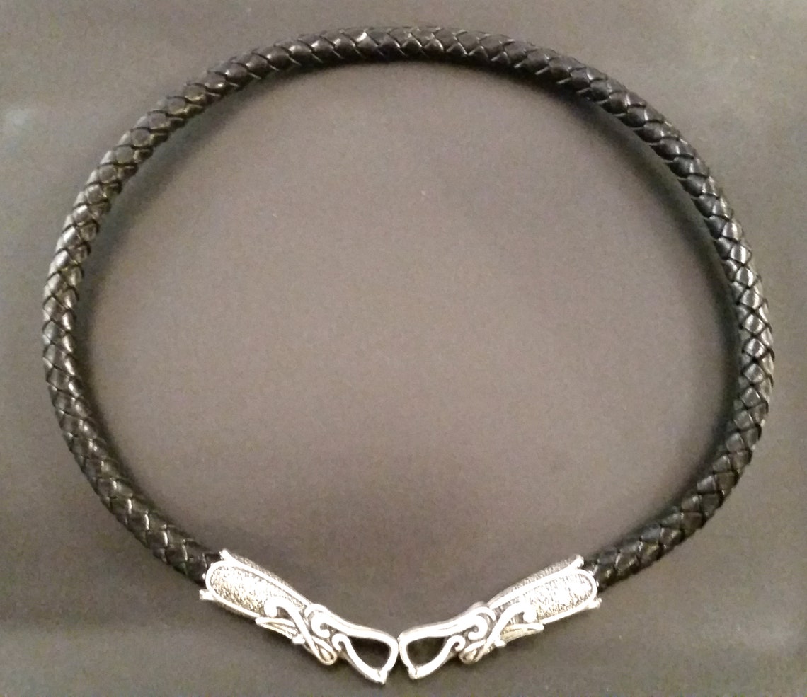 Celtic Dragon Torc Necklace Silver Black Leather Norse Viking Style