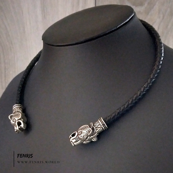 Silver Bear Torc Black Leather Viking Celtic Choker Necklace
