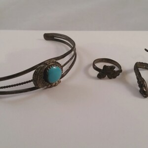 Vintage Turquoise Silver Bracelet & 2 Rings Native Boho Black Hills Silver Snake 1980's Feather Retro image 9
