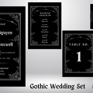 Może przedstawiać: Zestaw czarno-białych gotyckich zaproszeń ślubnych z ozdobnymi ramami. Zaproszenie zawiera imiona Kimberly Nguyen i Morgan Maxwell, datę soboty 24 grudnia i godzinę 10:00 - 14:00. Zaproszenie zawiera również lokalizację Fauget Ballroom, 123 Anywhere St., Any City, ST 12345. Program ślubny zawiera godziny odprawy, ceremonii, przyjęcia, kolacji i tańców. Karta numeru stołu jest czarna z białą ozdobną ramą i numerem 1. Karta RSVP jest czarna z białą ozdobną ramą i tekstem "Kindly RSVP". Karta imienna jest czarna z białą ozdobną ramą i imieniem Olivia Wilson.