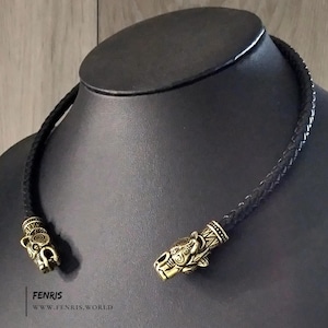 Bronze Bear Torc Black Leather Viking Celtic Choker Necklace