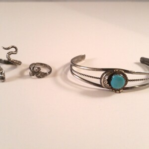 Vintage Turquoise Silver Bracelet & 2 Rings Native Boho Black Hills Silver Snake 1980's Feather Retro image 3
