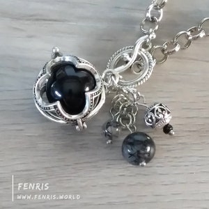 Necklace Silver Gothic Black Agate Sphere Medieval Witch Wicca Tourmalinated Quartz Rutilated Charm