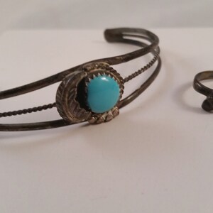 Vintage Turquoise Silver Bracelet & 2 Rings Native Boho Black Hills Silver Snake 1980's Feather Retro image 8