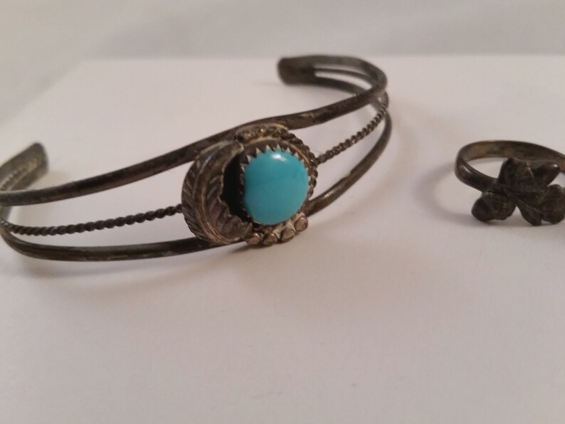 Vintage Turquoise Silver Bracelet & 2 Rings Native Boho Black Hills Silver Snake 1980's Feather Retro image 8