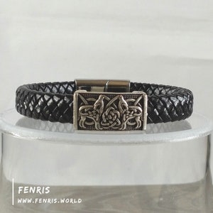 Bracelet Silver Black Leather Wolf Norse Viking Style