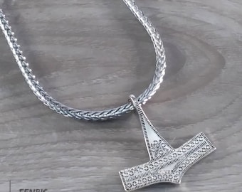 Necklace Silver Thor's Hammer Dot Design Wheat Weave Chain Norse Viking Style