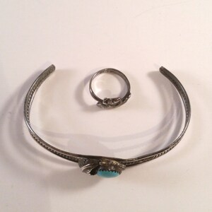 Vintage Turquoise Silver Bracelet & 2 Rings Native Boho Black Hills Silver Snake 1980's Feather Retro image 5