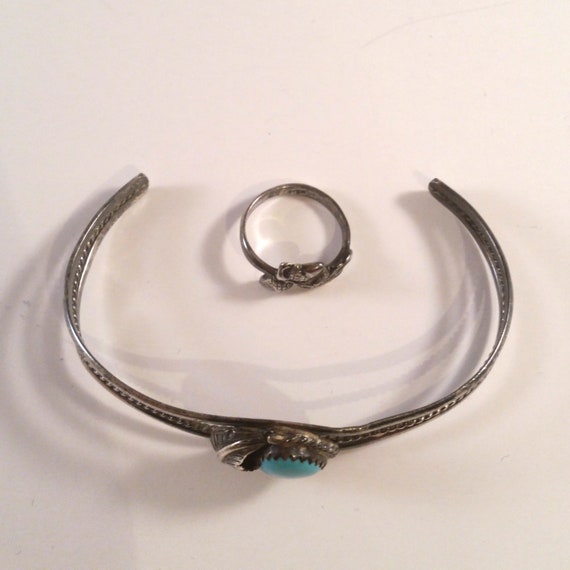 Vintage Turquoise Silver Bracelet & 2 Rings Nativ… - image 5