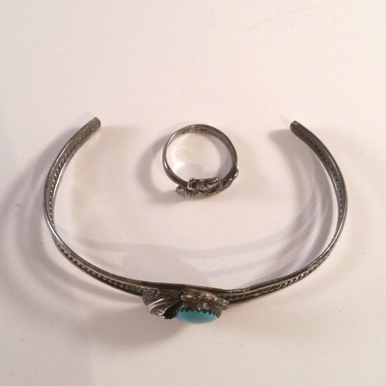 Vintage Turquoise Silver Bracelet & 2 Rings Native Boho Black Hills Silver Snake 1980's Feather Retro image 5
