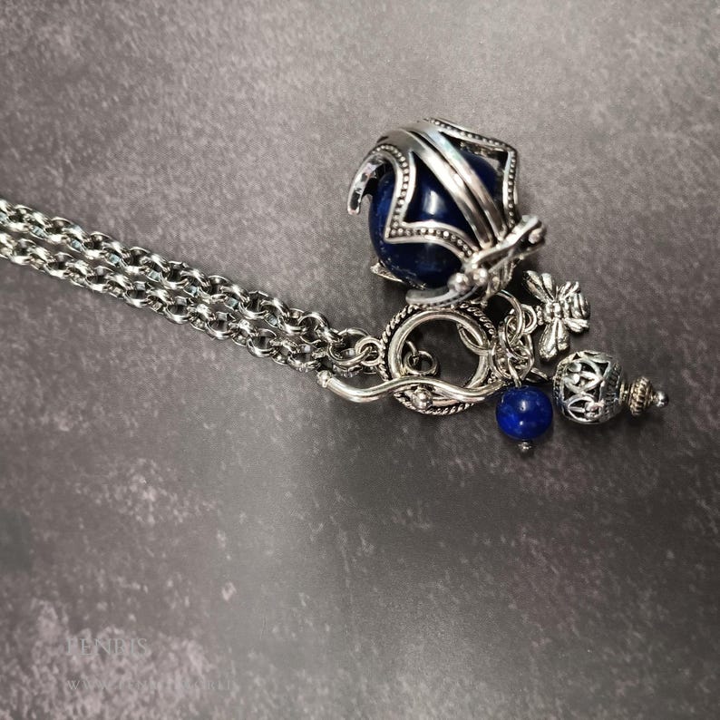 Silver Gothic Necklace Blue Lapis Lazuli Sphere France French Medieval Bee Long Handmade Bild 3