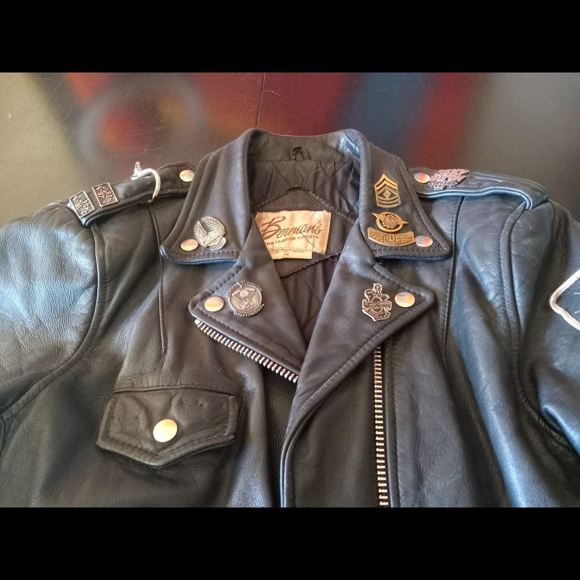 Vintage 1980s Leather Biker Jacket With Pins Patches Heavy Vintage 1980s Leather Biker Jacket With Pins Patches Heavy
