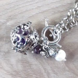 Necklace Silver Amethyst Sphere Locket w/ Pearl Womens Long Rolo Chain
