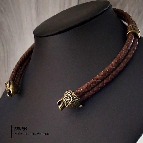 Bear Torc Bronze Brown Leather Double Band Necklace Celtic Norse Viking Style Choker