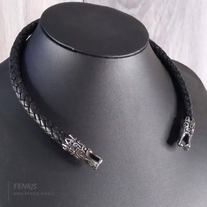 Dragon Torc Necklace Silver Black Leather Celtic Norse Viking Style Mens Choker