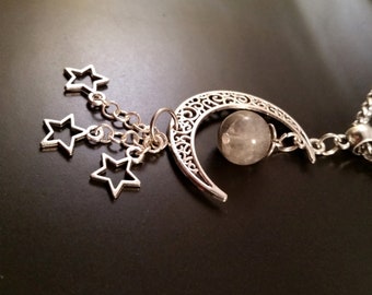 Handmade Silver Celestial Moon Necklace, Labradorite Stars Pendant