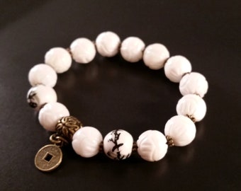 White Carved Lotus Bracelet Chinoiserie Painted Beads Bronze Coin Stretch Accent Stack Shell