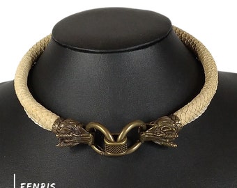 Dragon Choker Necklace Bronze Tan Scale Leather
