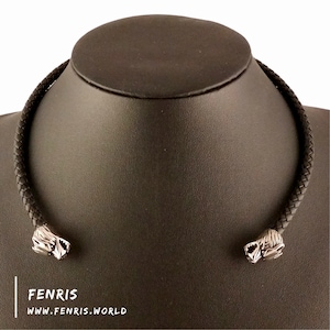 Wolf Torc Necklace Silver Black Leather Celtic Norse Viking Style Choker
