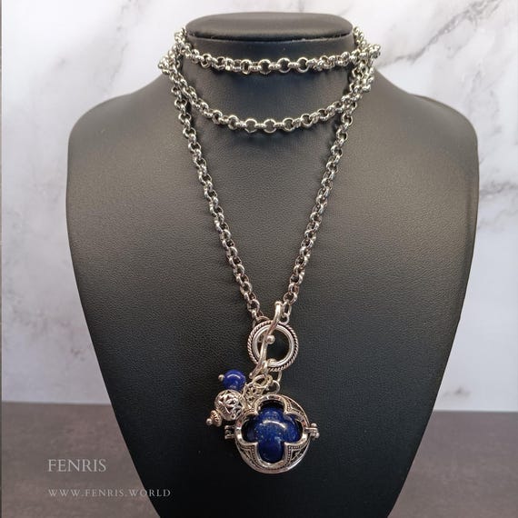 Silver Gothic Necklace Blue Lapis Lazuli Sphere France French Medieval Bee Long Handmade