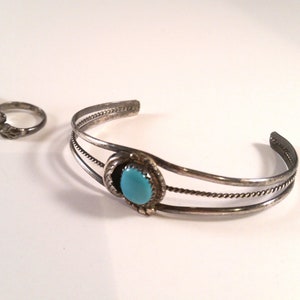 Vintage Turquoise Silver Bracelet & 2 Rings Native Boho Black Hills Silver Snake 1980's Feather Retro image 2