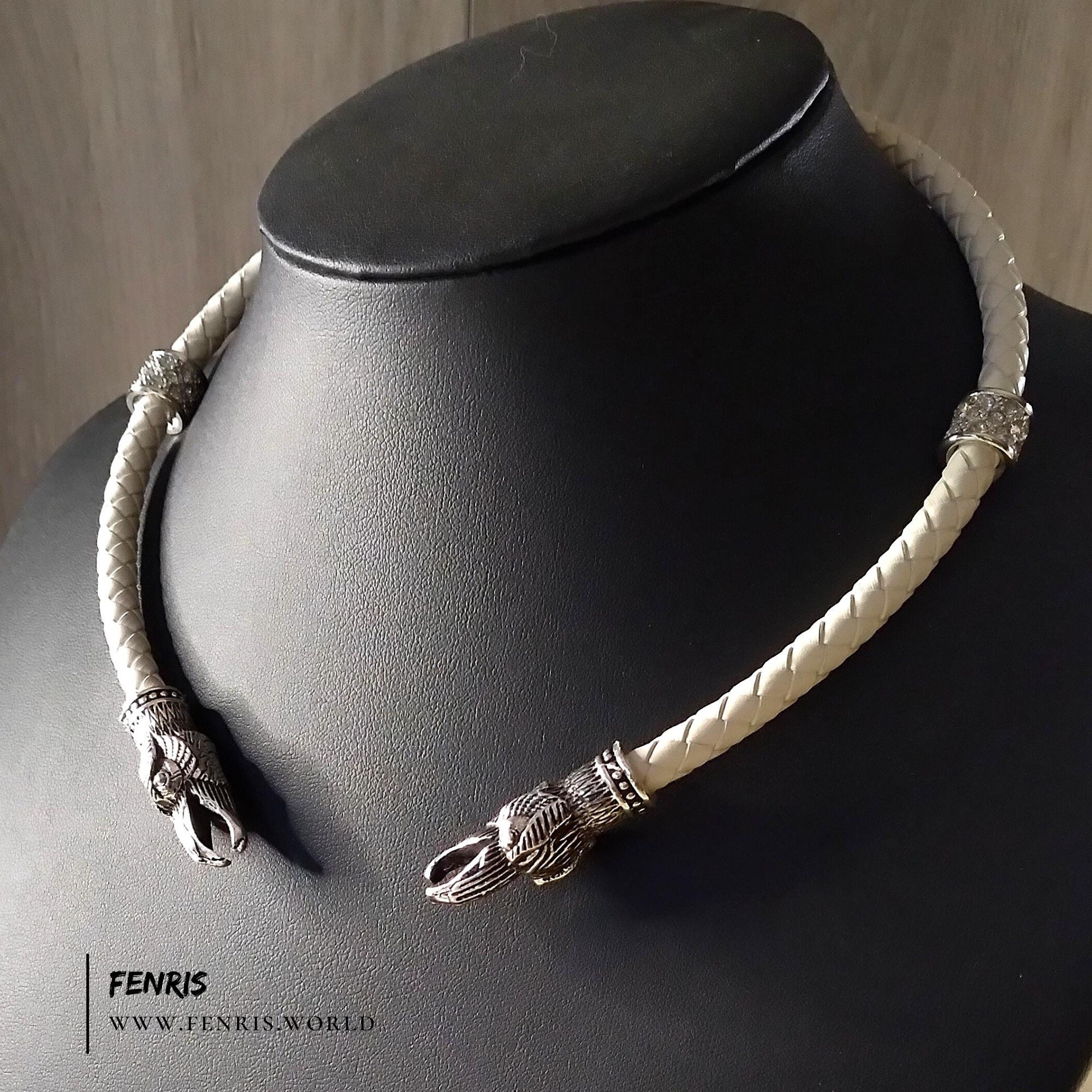 Wedding Torc Necklace Silver Raven White Leather Winter Viking