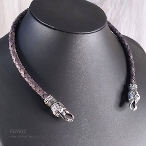 Raven Torc Necklace Silver Ancient Gray Leather  Norse Viking Celtic Style Choker