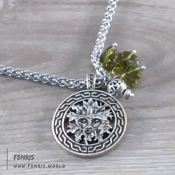 Green Man Necklace Silver Celtic Pendant Green Glass Leaves Knot Work