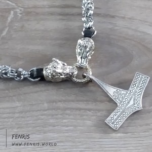 Dragon Thor&#39;s Hammer Necklace Silver Handmade Chain Mail Norse Viking Style