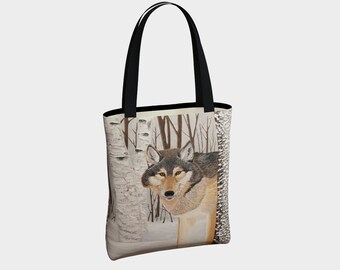 Lone Wolf / tote bag / urban tote / handbag / art wildlife nature painting / fashion / timber wolves winter white snow grey landscape