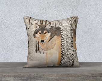 Lone Wolf / pillow case / 18" / 18x18 / art wildlife nature painting / home decor / winter / snow/ white / grey / timber wolves / endangered