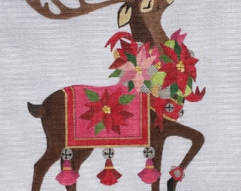 Stitch Guide Needlepoint Digital -Reindeer with Poinsettia Blanket - Raymond Crawford Design