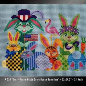 May include: A cross-stitch pattern featuring five colorful bunnies with various accessories, including a top hat, glasses, and a flower crown. The text "Every Bunny Needs Some Bunny Sometime" is included in the design.